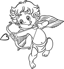 Cute Cupid Shoots Bow for Coloring Page. Vector Illustration of Cartoon Character for Valentines Day