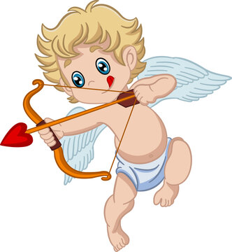 Cute Cupid Shoots from a Bow. Vector Illustration of Cartoon Character for Valentines Day