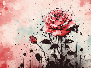 Expressive rose painting with this grunge distressed background featuring ink blot splashes. The vibrant colors and distressed texture create a unique blend of modern art and classic elegance.