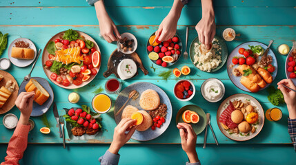 Breakfast spread with hands reaching for various dishes, including eggs, bacon, pancakes, fruits, and beverages on a colorful wooden table.