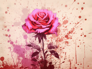 Expressive rose painting with this grunge distressed background featuring ink blot splashes. The vibrant colors and distressed texture create a unique blend of modern art and classic elegance.