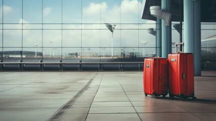 Red suitcase in an empty airport hall, traveler cases in the departure airport terminal waiting for the area, vacation concept, blank space for text message or design