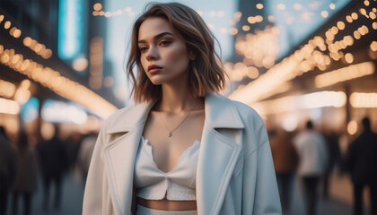 Fashionable young woman in a white coat in the city. Generative AI
