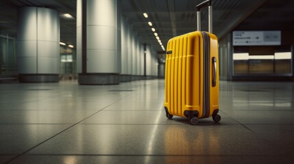 Yellow suitcase in an empty airport hall, traveler cases in the departure airport terminal waiting for the area, vacation concept, blank space for text message or design