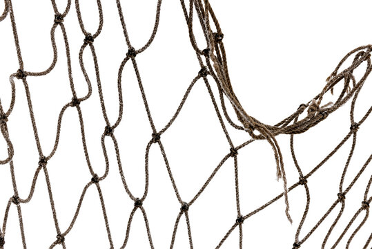 Icy mesh made of rope in the snow on a white background. Torn fishing, football, tennis net isolate