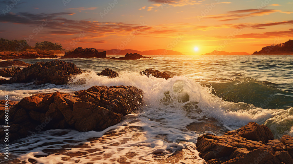 Poster seashore with rocks and waves during the golden hour background