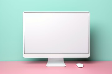 Computer monitor on teal background.