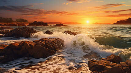 Seashore with Rocks and Waves During the Golden Hour Background