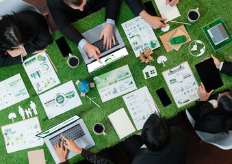 Panorama top view of business people planning business marketing with environmental responsibility...