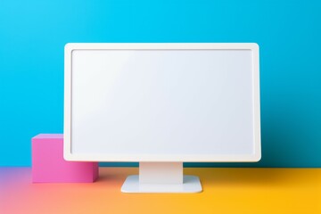 Computer monitor on blue background.