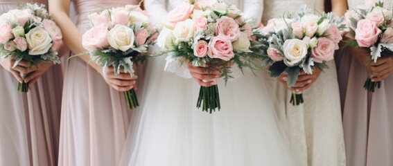 A group of bridesmaids holding bouquets of flowers - obrazy, fototapety, plakaty