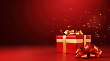 red gift box with red bow on christmas background. Gift box with decorations red confetti on Christmas Golden light shine with red and gold particle. Cyber monday concept, copy space. Generative AI
