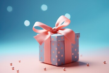 A blue and pink gift box with a pink bow