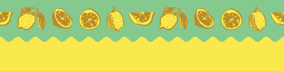 Wabi sabi paper tape lemons, watercolor paper tape with lemon vector seamless pattern frame. Lemon border. Crayon citrus drawings in naive hand-drawn style.
