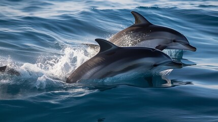 Fototapeta premium Dolphins leaping from the sea or ocean, displaying their playful and energetic nature. Joyful and acrobatic behavior of these intelligent marine mammals in their natural habitat.