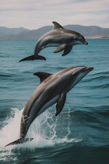 Fototapeta premium Dolphins leaping from the sea or ocean, displaying their playful and energetic nature. Joyful and acrobatic behavior of these intelligent marine mammals in their natural habitat.