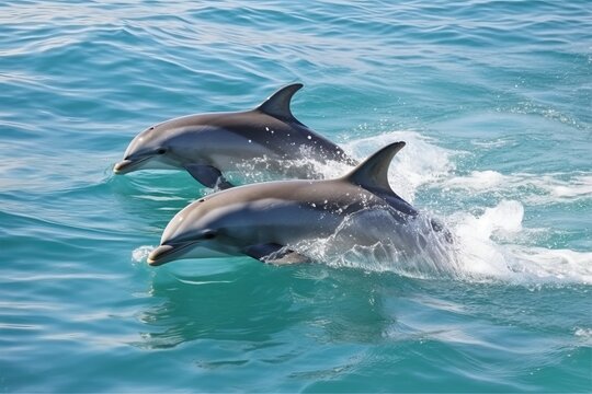 Dolphins leaping from the sea or ocean, displaying their playful and energetic nature. Joyful and acrobatic behavior of these intelligent marine mammals in their natural habitat.
