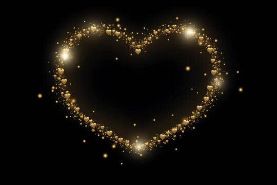 A heart shape made of gold sparkles on a black background
