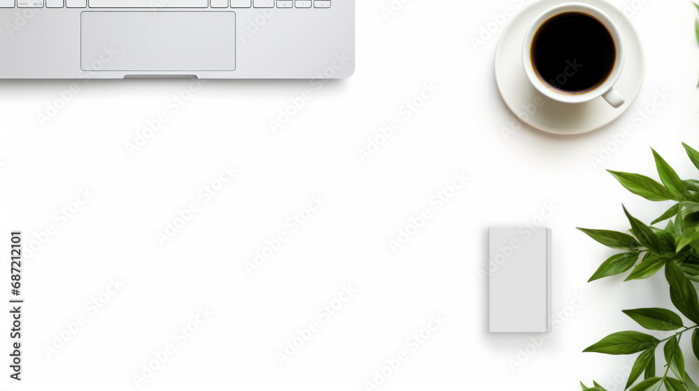 Poster Modern white office table with laptop and other equipment with coffee Empty white table for inserting text in the center. Top view. Lay flat. On a white background.
