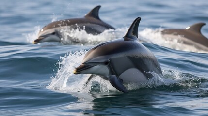 Dolphins leaping from the sea or ocean, displaying their playful and energetic nature. Joyful and acrobatic behavior of these intelligent marine mammals in their natural habitat.