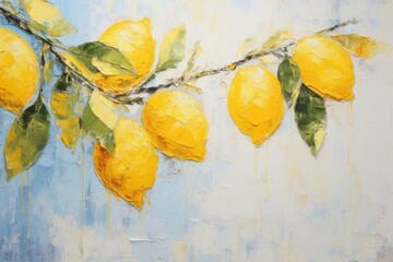 palette knife textured painting lemon Fresh citrus fruit lemon on a branch with fruits green leaves