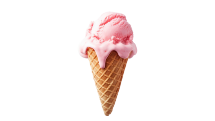 Ink ice cream melts and spills from waffle cone on white background. Minimalist summer meal ideas On a transparent or white background. Isolated.