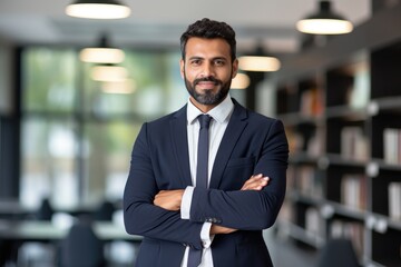 Fototapeta premium A man in a suit standing with his arms crossed