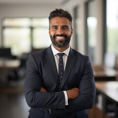 Fototapeta premium A man in a suit and tie standing with his arms crossed