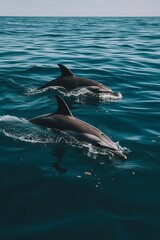 Obraz premium Dolphins leaping from the sea or ocean, displaying their playful and energetic nature. Joyful and acrobatic behavior of these intelligent marine mammals in their natural habitat.