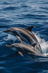 Fototapeta premium Dolphins leaping from the sea or ocean, displaying their playful and energetic nature. Joyful and acrobatic behavior of these intelligent marine mammals in their natural habitat.