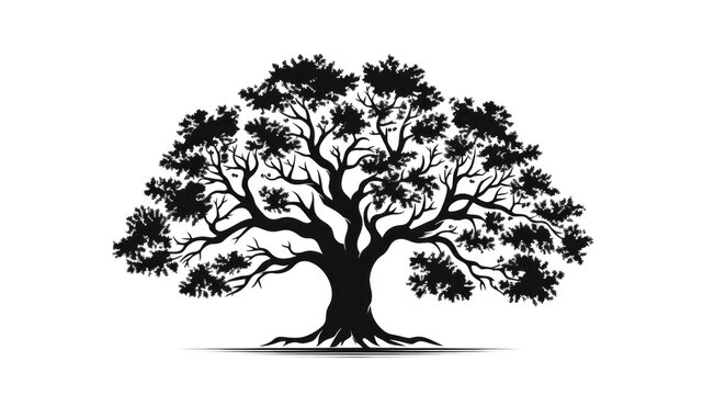 Oak tree logo illustration, vector silhouette of tree on transparent or white background. lonely.