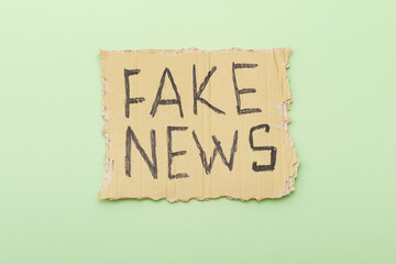 Sign with inscription fake news on a light green background. Top view.