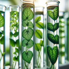 Botanical Experiment with Green Leaves in Test Tubes, plant in a glass