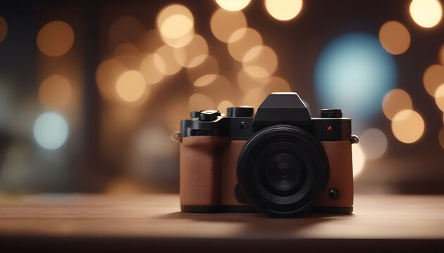Retro camera on wooden table with bokeh lights background. Generative AI