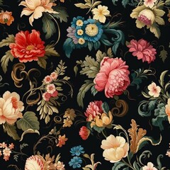 Rich Baroque Floral Tapestry Design on Dark Background

