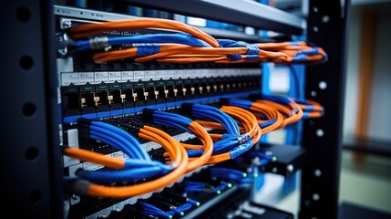 Closeup Of A Server Network Panel with Lights and Cables