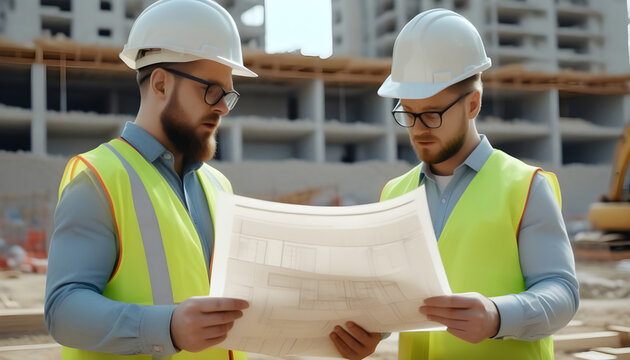 Two engineers in helmets and vests looking at blueprint on construction site. Generative AI