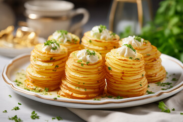 Crispy Potato Stacks on white plate. Horizontal, close-up, side view.