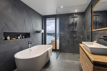 Modern minimalist bathroom interior with dark walls - obrazy, fototapety, plakaty
