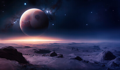 illustrazione di tramonto su un mondo alieno, grande luna sullo sfondo