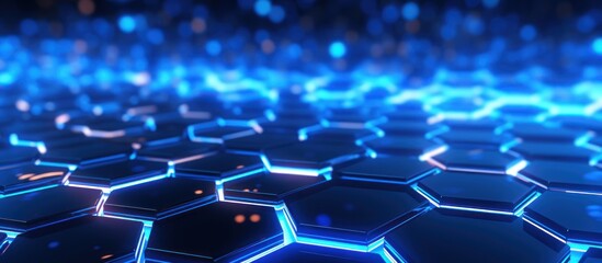 Abstract rendering 3d bright glowing blue hexagonal network pattern digital hi tech background. - obrazy, fototapety, plakaty