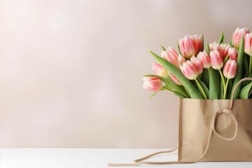 Beautiful tulips for Mother's Day on light background, top view