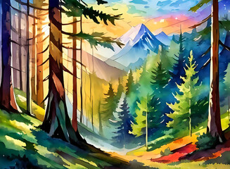 Sunlight filtering through the dense pine canopy, casting a warm glow on the forest floor as it reveals a mesmerizing mountain range rising dramatically against the horizon background