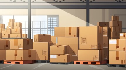Goods ready to ship in warehouse background