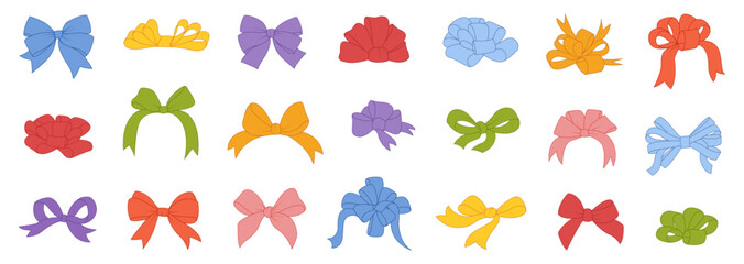 Obraz premium Colorful bows, gift bows. Simple hand drawn ribbon bow collection. Bowknot for decoration, big set 