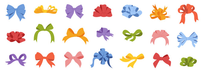 Colorful bows, gift bows. Simple hand drawn ribbon bow collection. Bowknot for decoration, big set  - obrazy, fototapety, plakaty