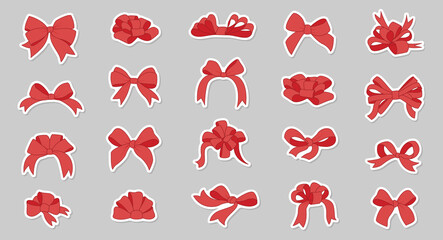 Simple hand drawn ribbon bow collection. Red bow. Bowknot for decoration, big set.