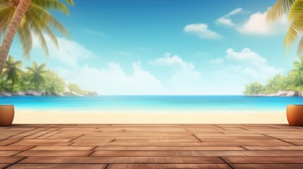 Empty wooden table with beach view background