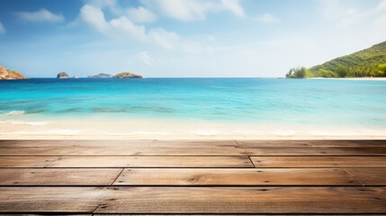 Fototapeta premium Empty wooden table with sea view background