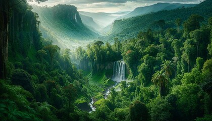 Majestic Waterfall in Lush Tropical Rainforest Landscape

